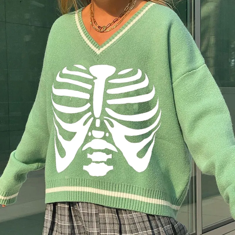 New Autumn Sweaters E-Girls Women Knit Sweater Adults Color Block Skeleton Printed Long Sleeve V-Neck Pullovers Hot Sale