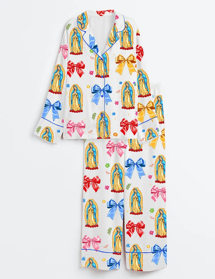 Women&rsquo;s Our Lady Of Guadalupe Religious Latina Catholic Guadalupe Coquette Bow Long Sleeve Satin Pajama Set