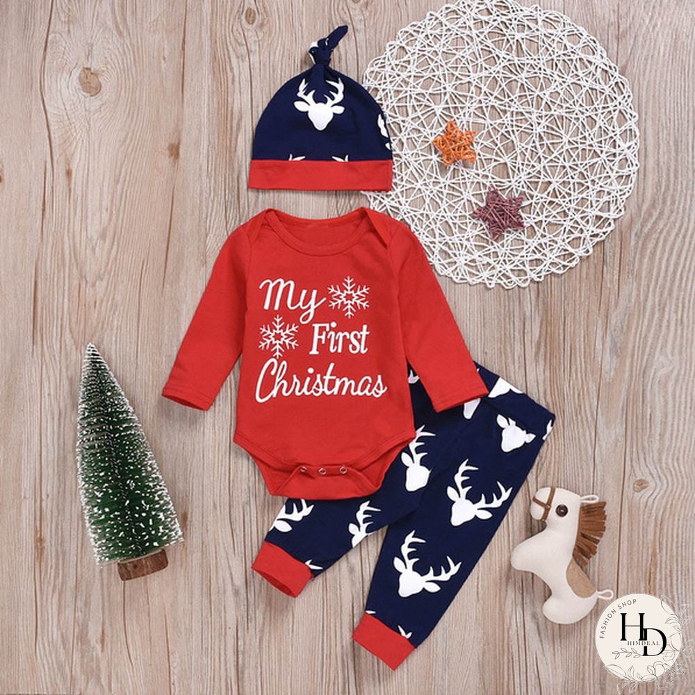 3pcs/set Newborn Infant Baby Christmas Letter Snowflake Print Romper Deer Pants With Cap Xmas Outfits