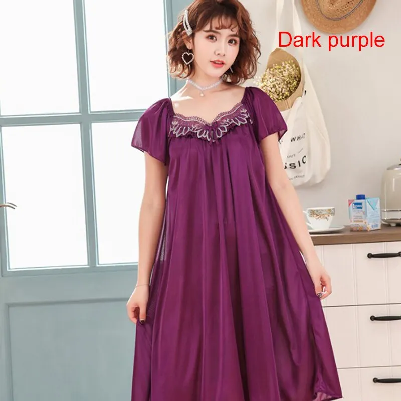 Sexy Night Dress Silk Short Sleeve Sleeping Dresses Ice Silk Satin Sleepwear Female Nightgown Women Plus Size Night Shirts