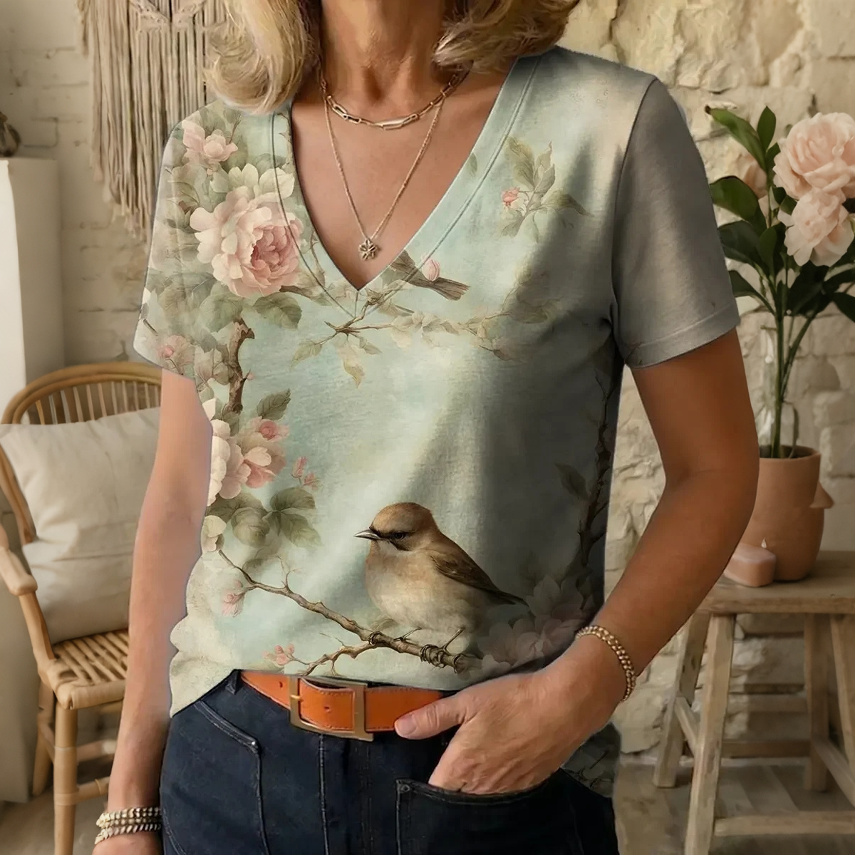 Comstylish Women's Floral And Bird Print V-neck Short Sleeve T-shirt