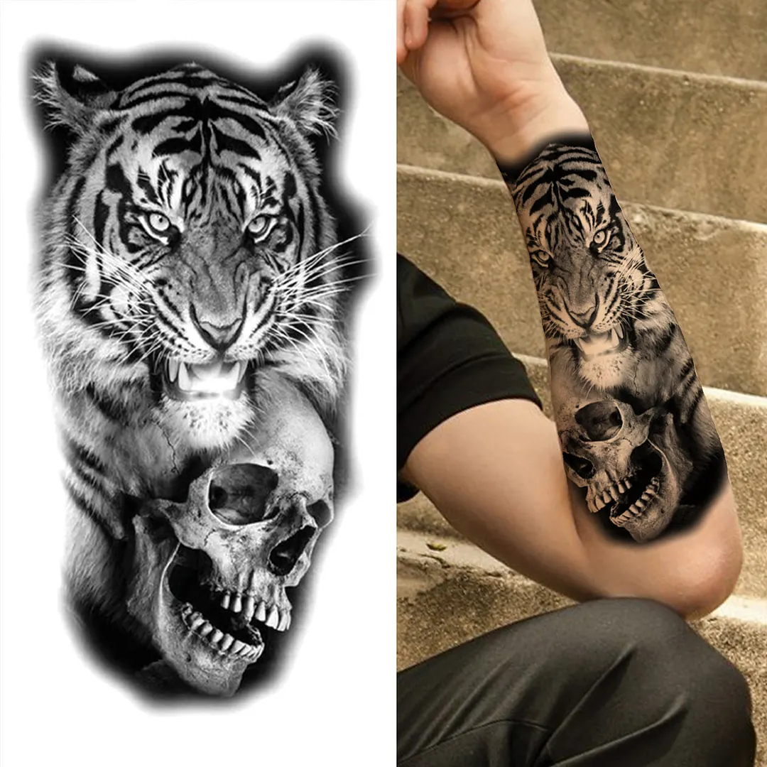 Sdrawing Lion Flower Temporary Tattoos For Women Men Kids Boy Black Tiger Skeleton Tattoo Sticker Fake Compass Tatoos Half Sleeve