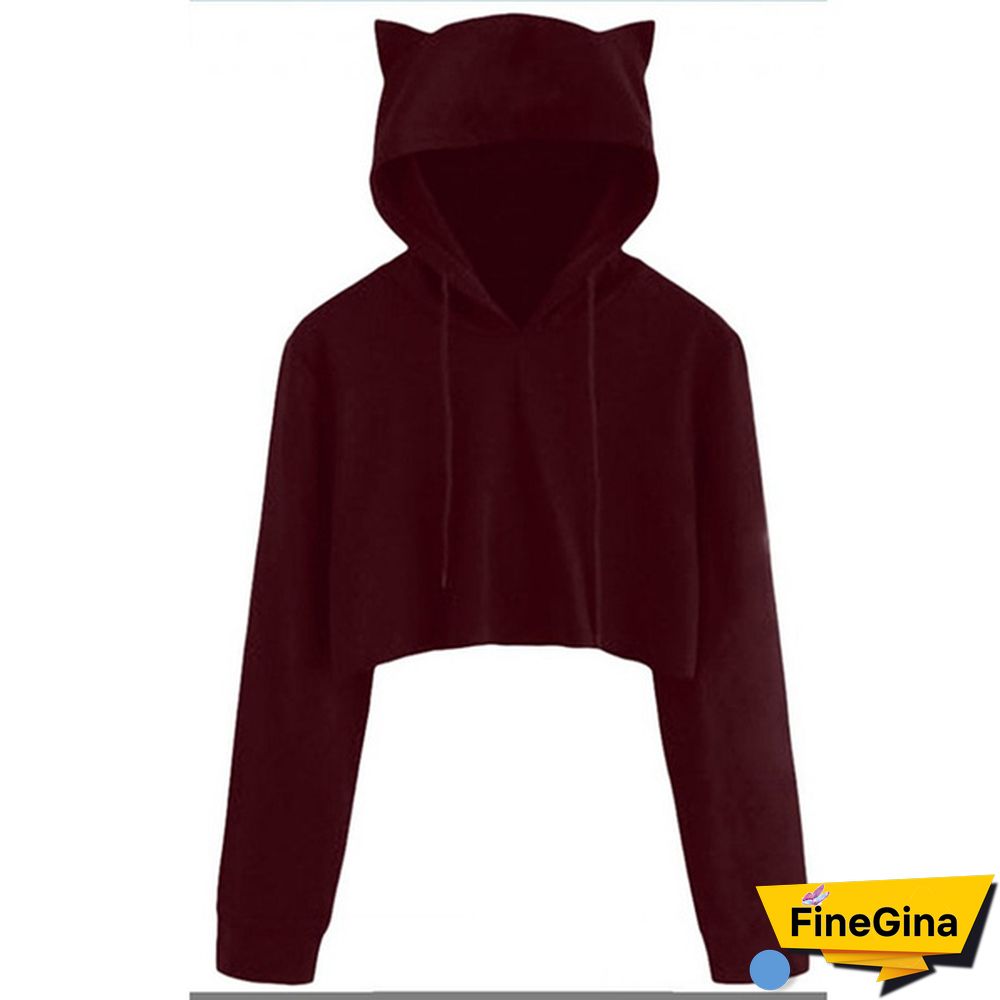 Cute Womens Sweatshirts Hoodie Crop Tops Solid Cat Ear Long Sleeve Cropped Sweatshirt Hooded Pullover