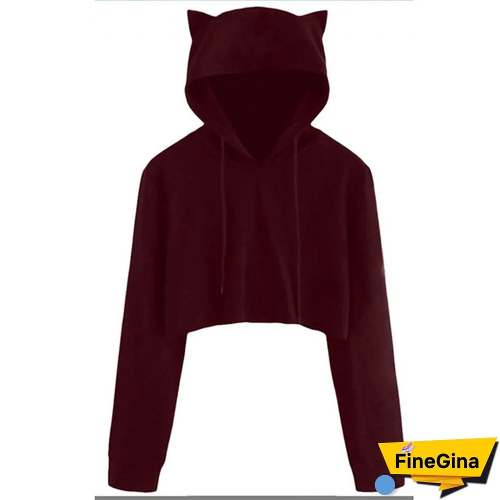 Cute Womens Sweatshirts Hoodie Crop Tops Solid Cat Ear Long Sleeve Cropped Sweatshirt Hooded Pullover