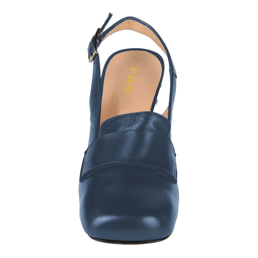 Women's Navy Square Toe Loafer Slingback Pumps Heels with Buckle