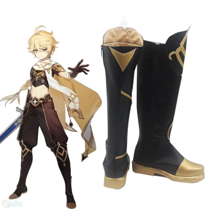Genshin Toys Male Traveler Outlander Aether Black Shoes Cosplay Boots 