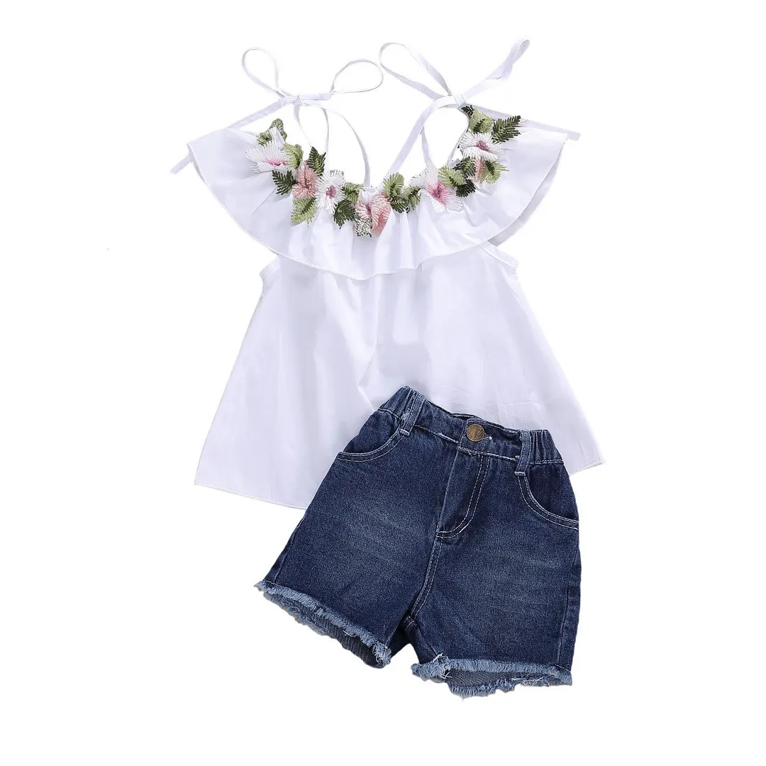 2 Pcs Baby Summer Outfit Girls Adjustable Spaghetti Strap Ruffled Collar Embroidery Top and Frayed Raw Hem Denim Shorts Set
