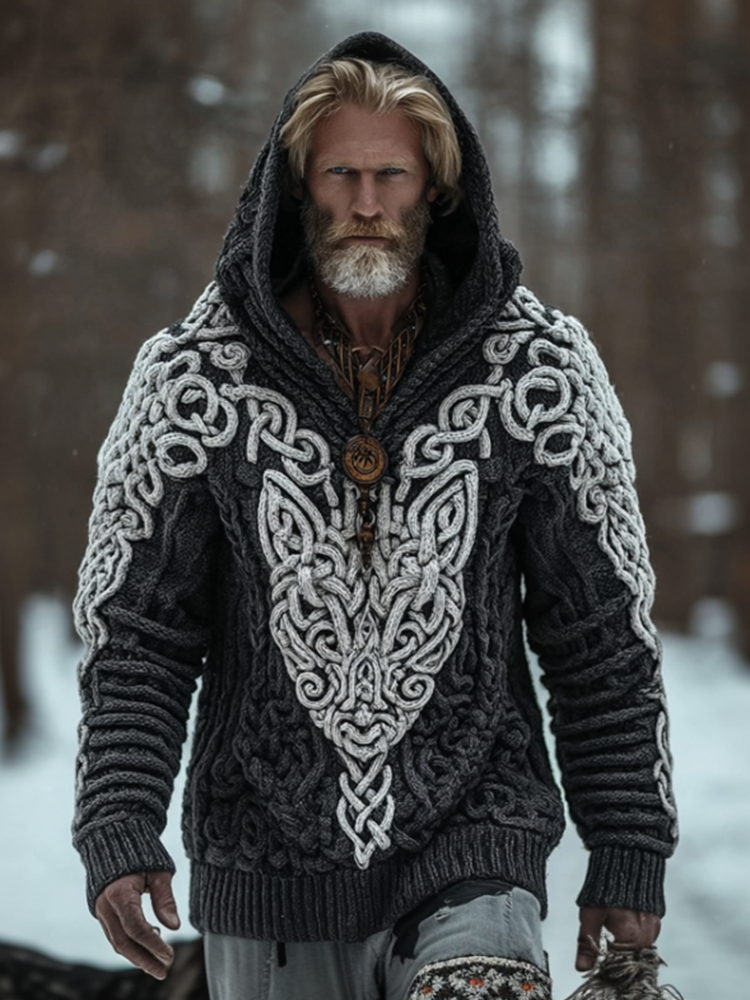 Men's Hooded Thick Sweater With Viking Style Tribal Totem And Wolf Totem Patterns