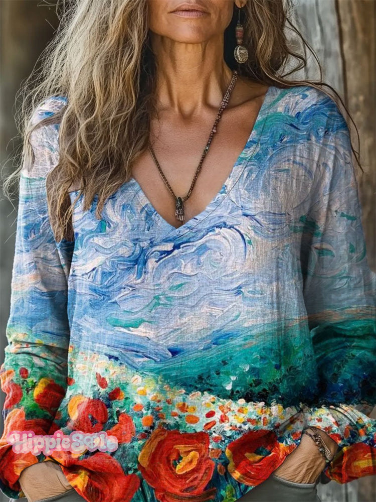 Women&rsquo;s Gouache Flower Venue Blue Sky And White Clouds Pattern Art Print Casual Long Sleeve