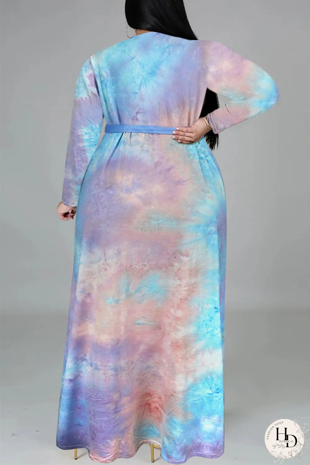 Colour Fashion Casual Print Tie-dye V Neck Long Sleeve Plus Size Dress