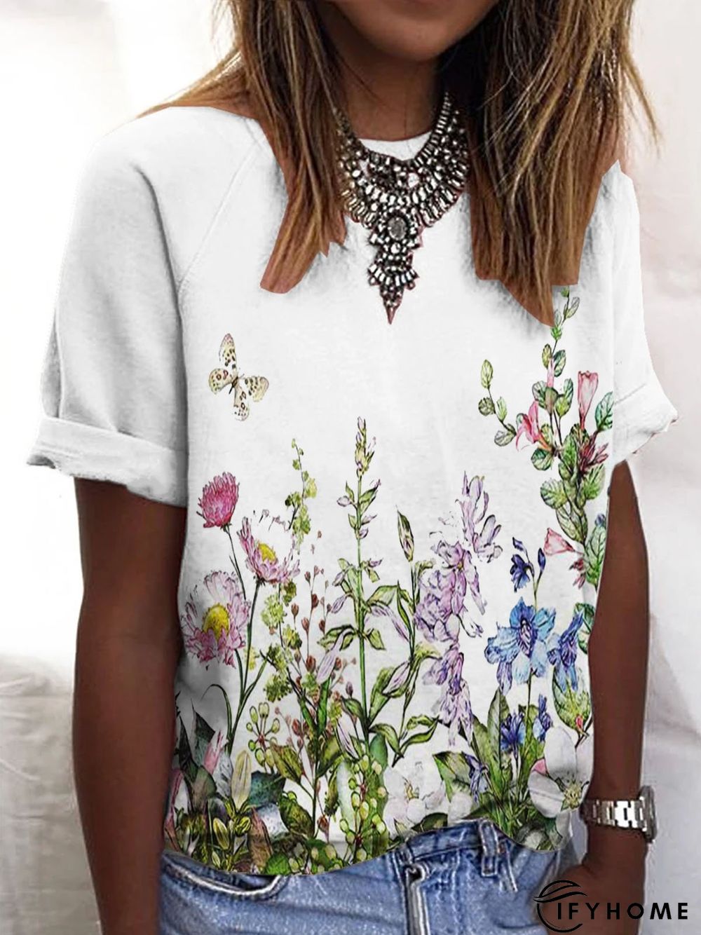 Floral-Print Short Sleeve Cotton-Blend Crew Neck T-shirt | IFYHOME