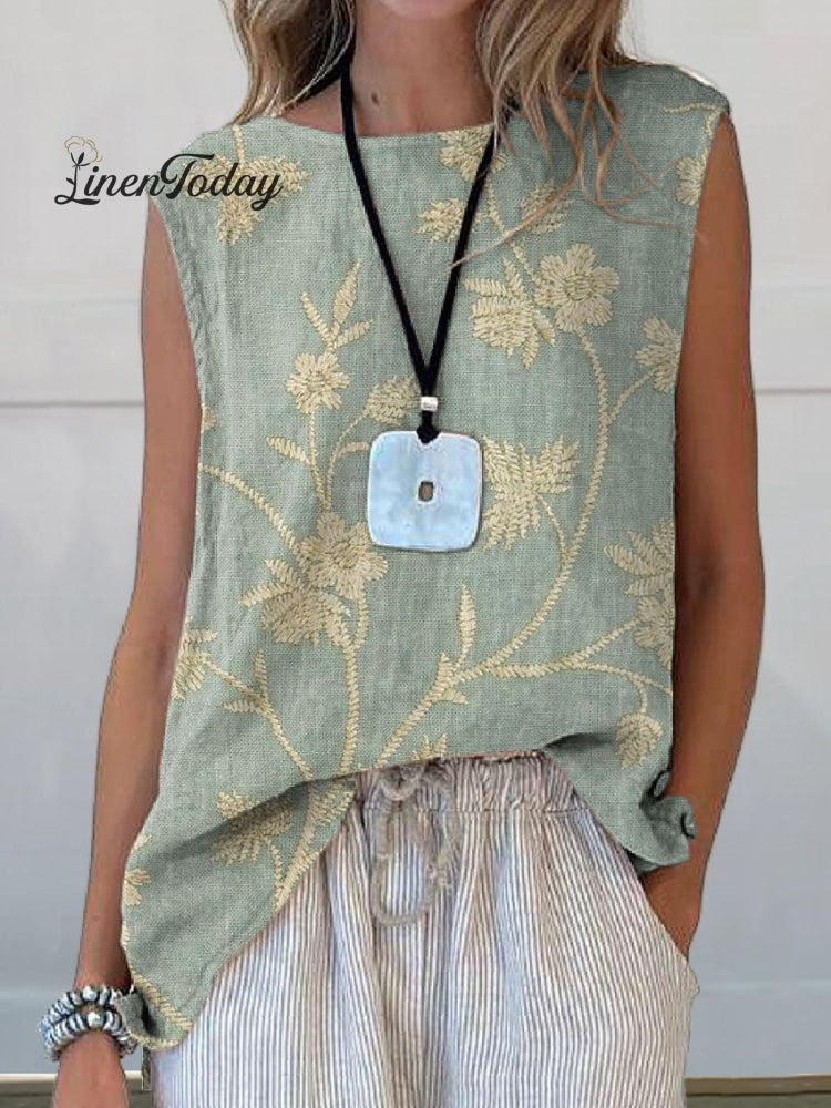 Women&rsquo;s Retro Elegant Floral Art Print Casual Cotton And Linen Tank Top Green / S