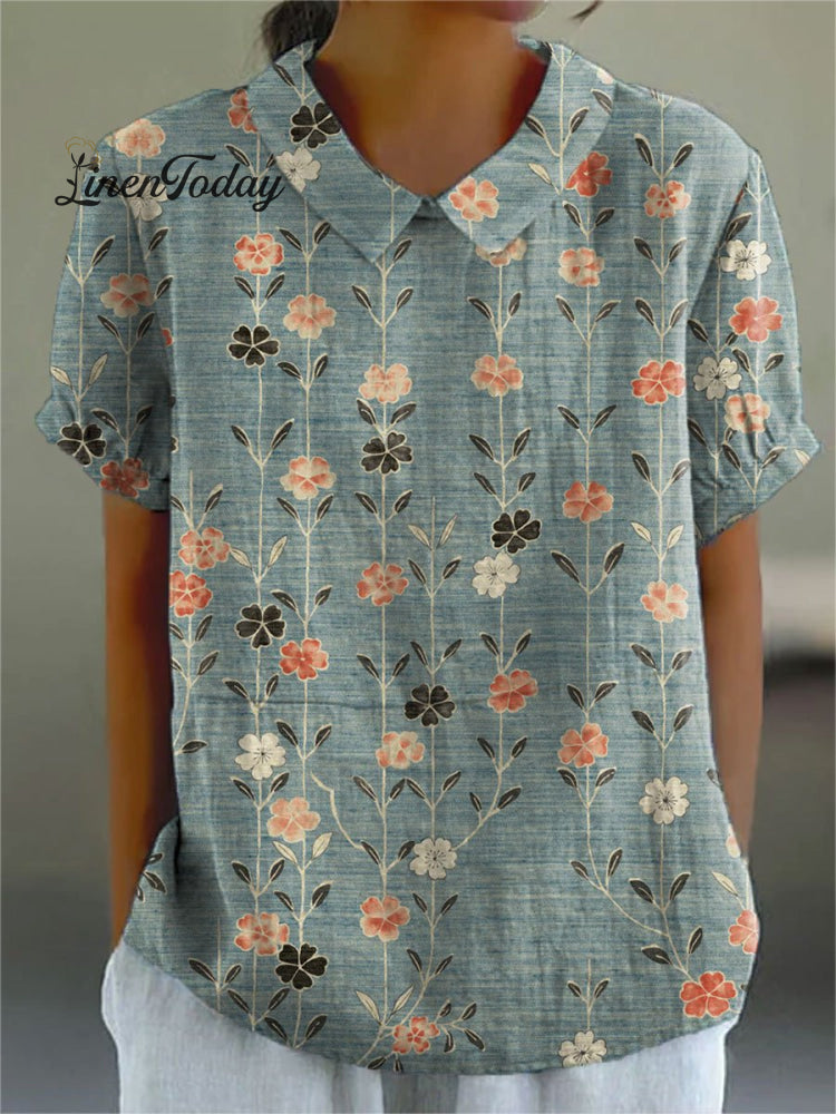 Women&rsquo;s Vintage Flower Art Print Casual Cotton And Linen Shirt Blue / S