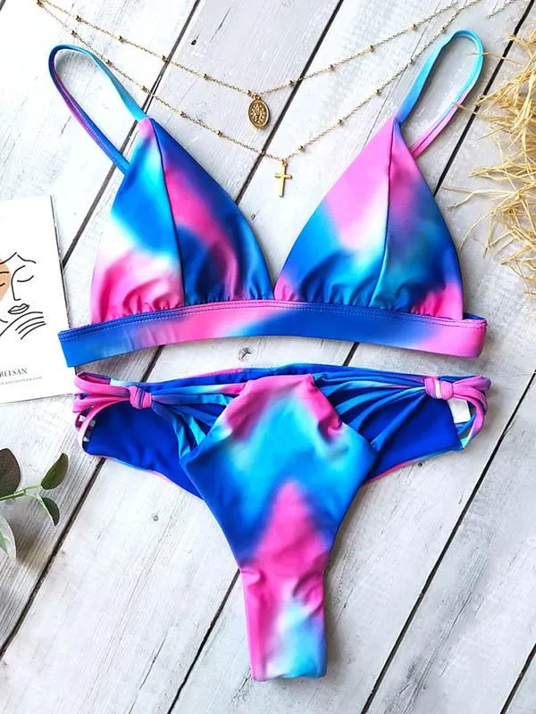 Gradient Bandage Knotted Split Bikini Swimsuit