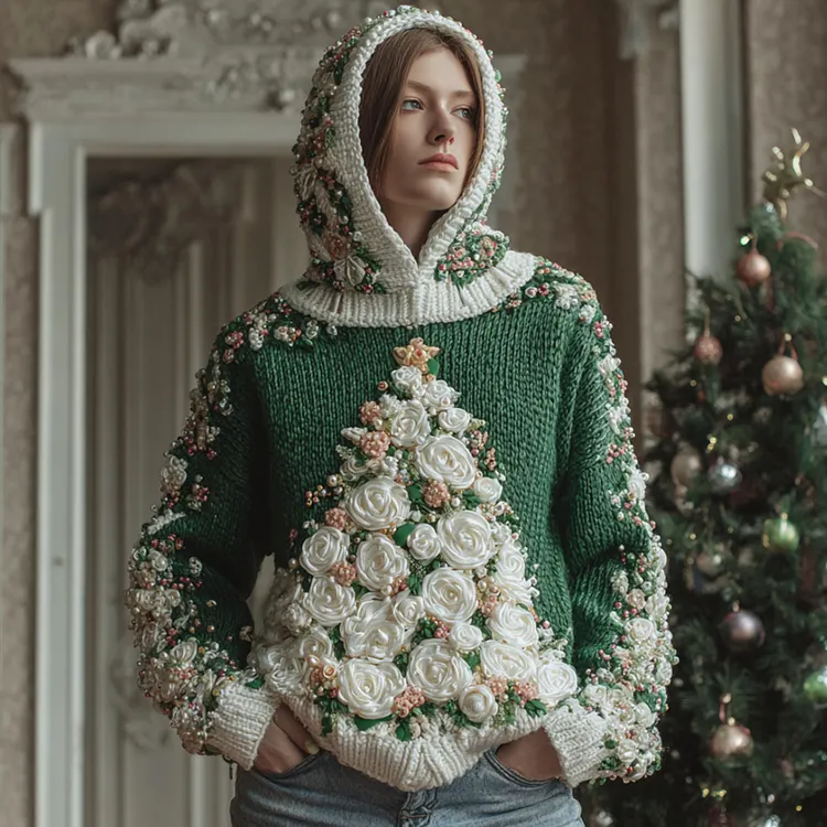 Vintage Christmas Stars Christmas Tree Warm Hooded Sweater