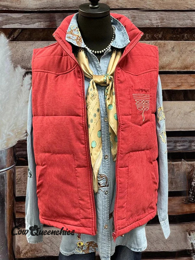 Women&rsquo;s Boot Stitch Printed Casual Quilted Vest Red / S