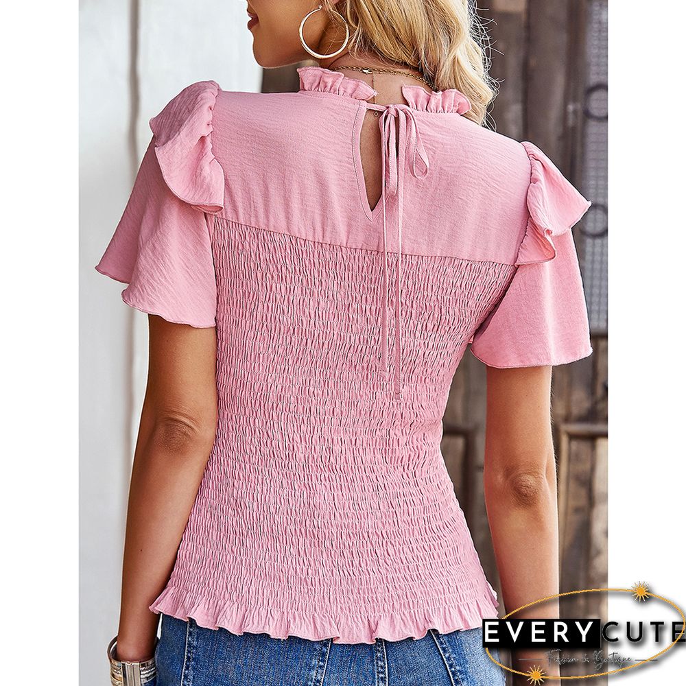 Pink Drawstring Ruffle Short Sleeve Pleated Blouse