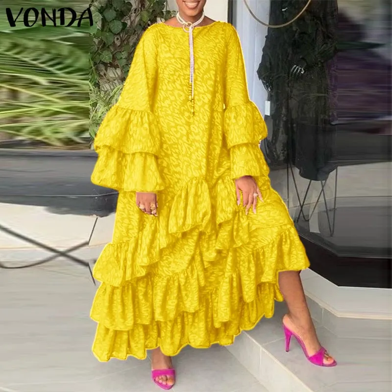 VONDA 2022 Autumn Holiday Long Dress For Women Vintage Printed Party Dresses Bohemian Long Sleeve Sundress Beach Casual Vestidos