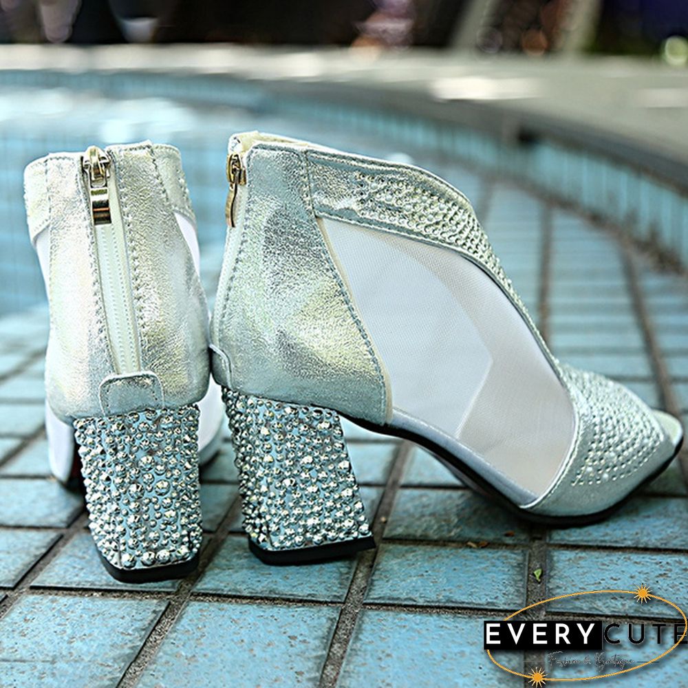 Women Sandals Bling High Heels Diamond Zipper Square Heel Women Shoes Wedding Shoes