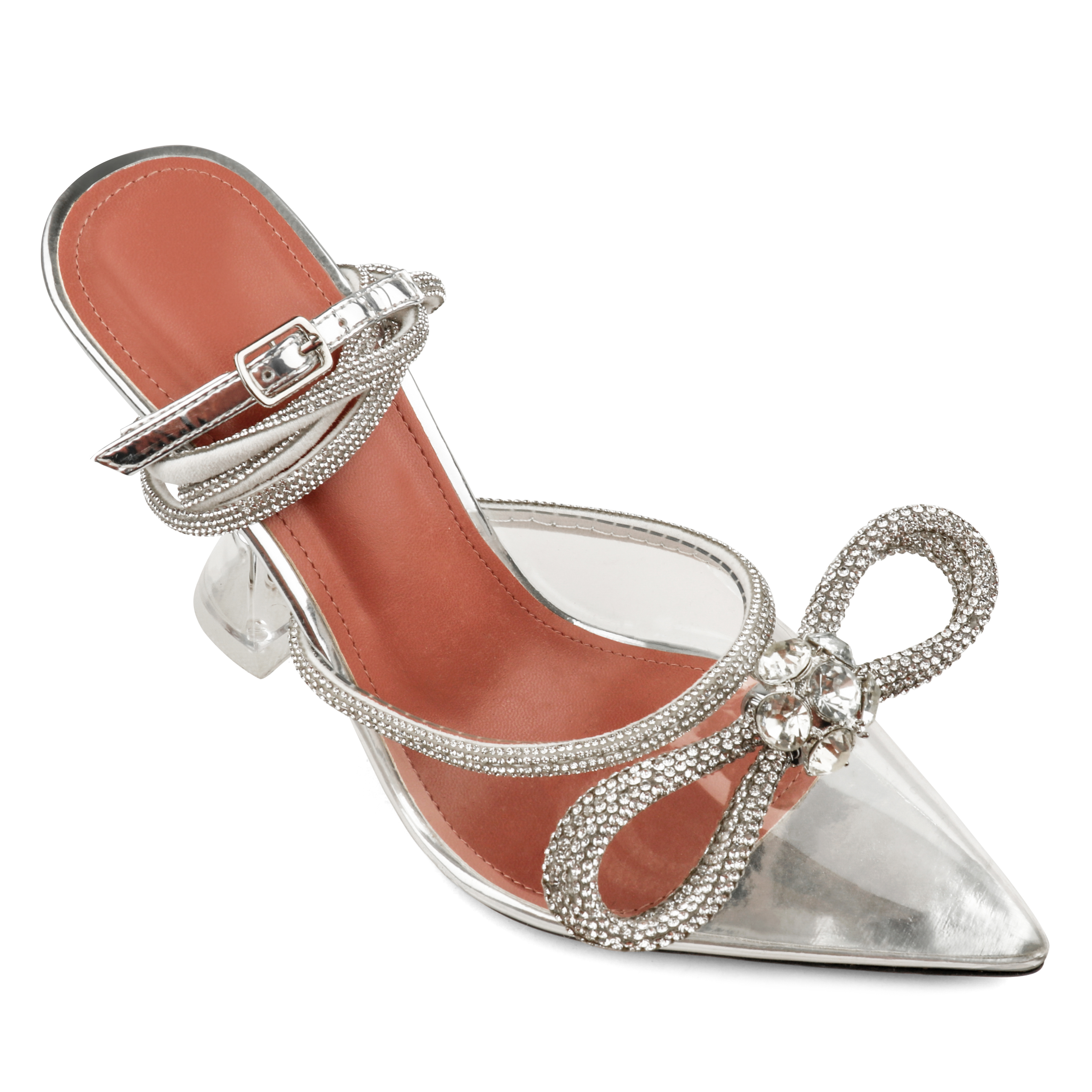 9.5cm/3.74 Double Bow Crystallized High Pums Pointed Toe Strappy Transparent Sandals Wedding Shoes