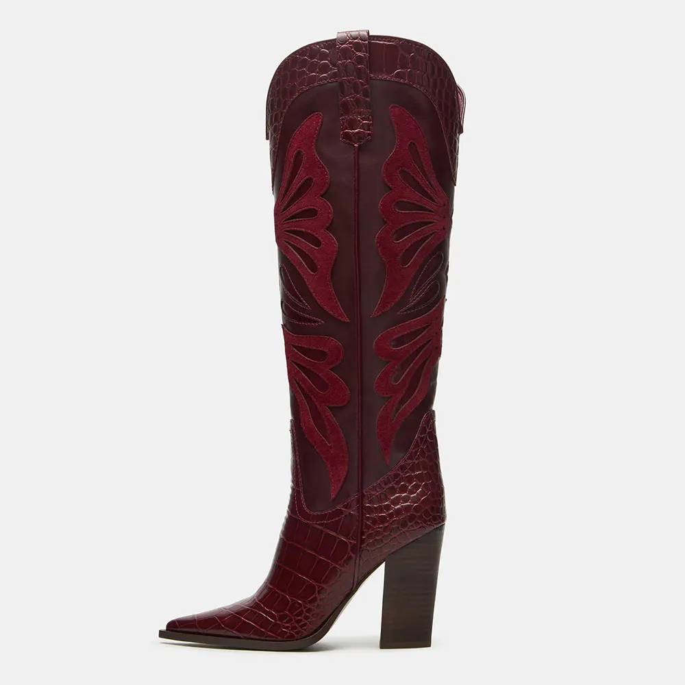 Butterfly Inlay Maroon Embossed Mid Calf Cowgirl Boots for Women
