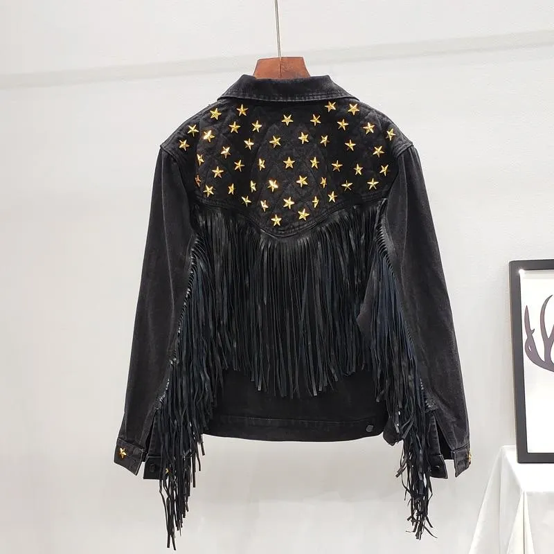 Denim Women Jacket 2021 Autumn New Spring Vintage Star Rivet Suede Fringe Loose Coat Long Sleeve Outerwear Female Boho Jacket