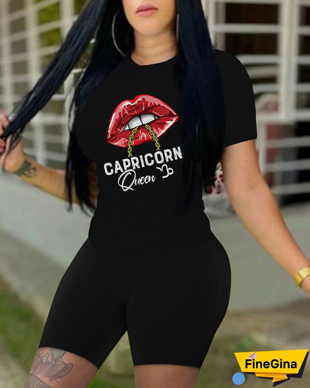 Plus Size Lip Letter Print Short Sleeve Top & Shorts Set