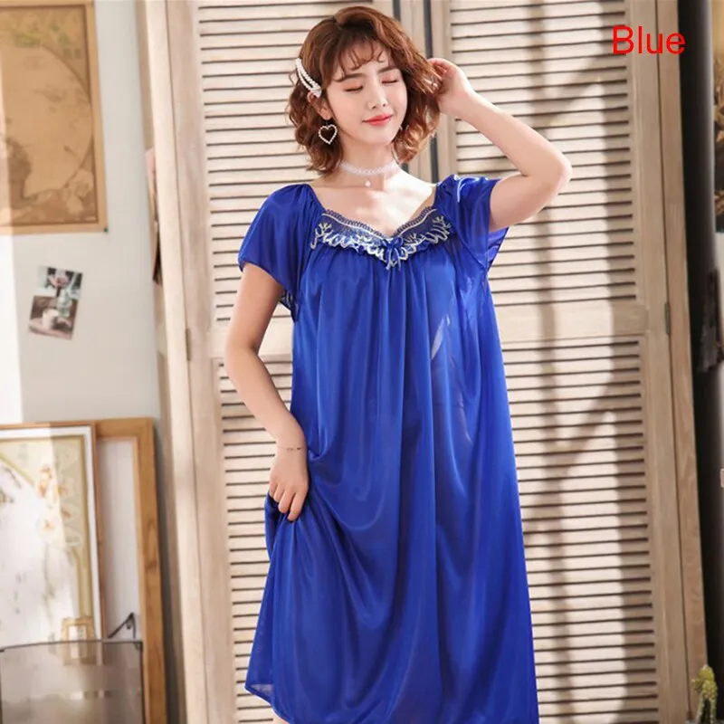 Sexy Night Dress Silk Short Sleeve Sleeping Dresses Ice Silk Satin Sleepwear Female Nightgown Women Plus Size Night Shirts