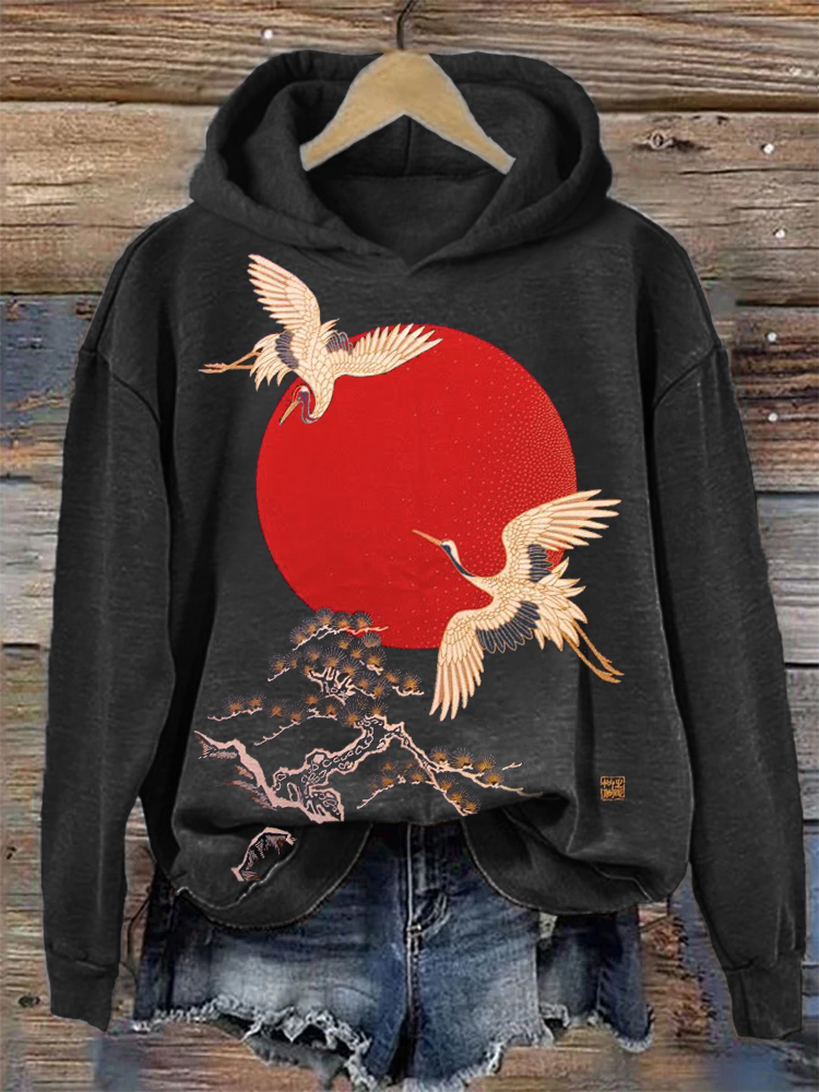 Cranes & Sunrise Japanese Art Vintage Hoodie elevenforest
