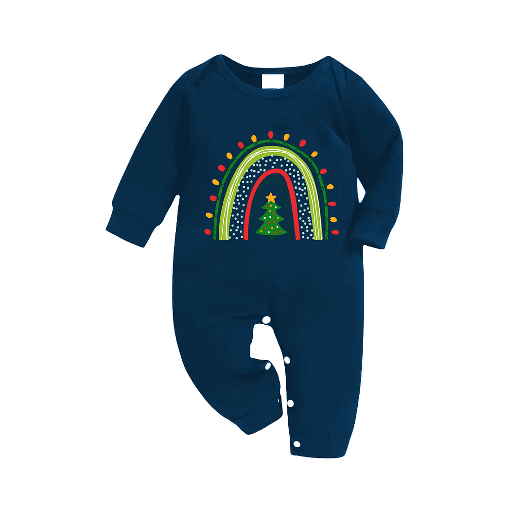 Christmas Light and Tree Printed Blue Long Sleeve Top With Blue Plaid Family Matching Pajamas