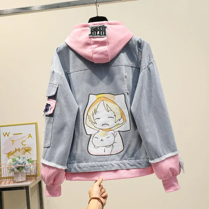 Fake Two-piece Hooded Denim Jacket Women Korean Loose Wild 2021 Autumn Winter New Chaqueta Mujer Hole Patch