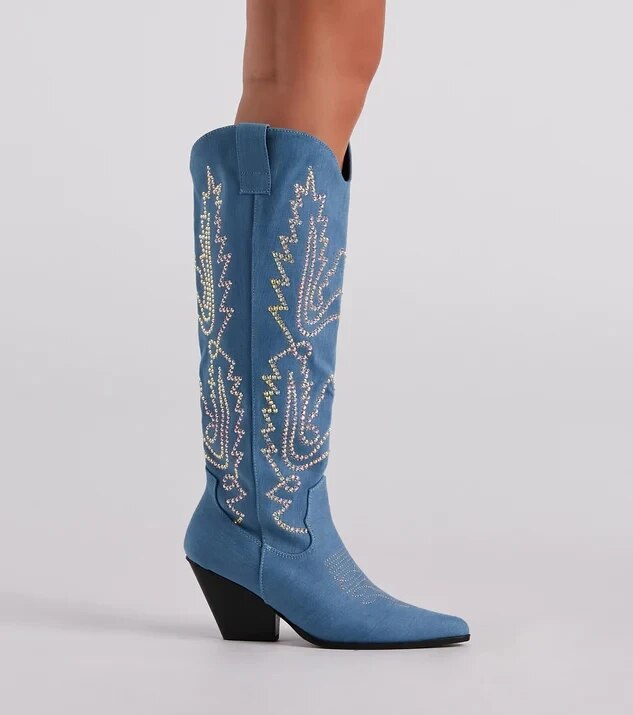 VCSHOES Sewing Cowgirl Boots Women Zipper Western Knee High Boots Low Heels Pointed Toe Long Boots 44