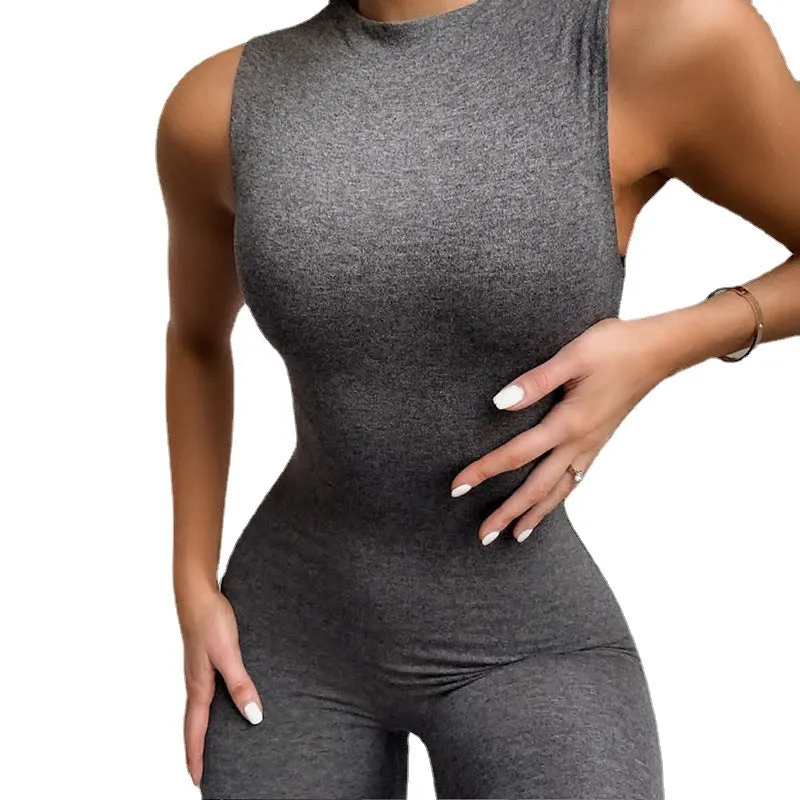 Brownm Suit Summer Polyester Women's Sleeveless Slim High Top Sports Jumpsuit