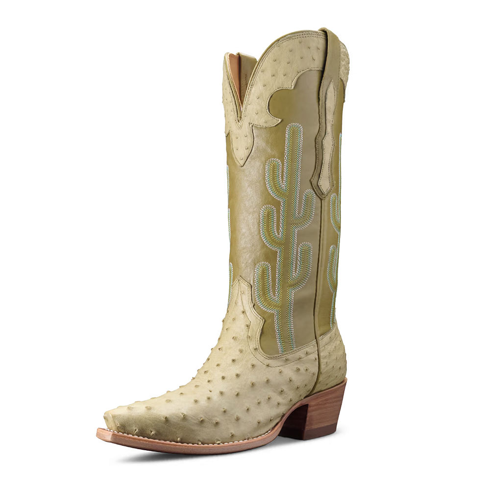 Olive Green Cactus Embroidered Block Heel Mid-Calf Cowgirl Boots