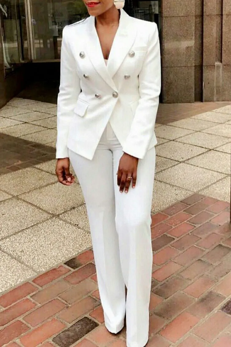 Plus Size Business Casual Pant Set White Lapel Collar Double Breasted High Waist Two Piece Pant Set With Pocket 2024 - Xpluswear