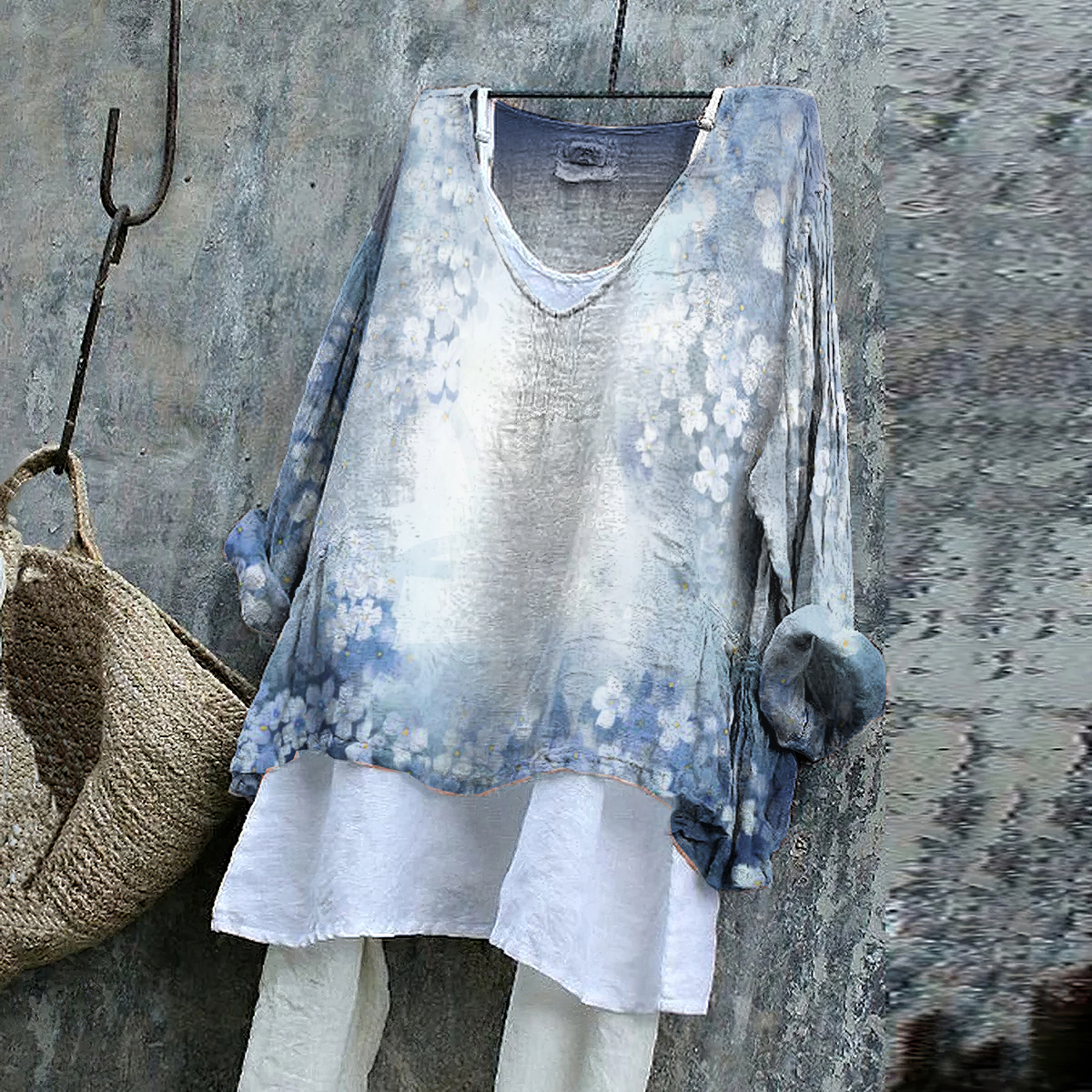 Vintage Artistic Floral Gradient Cotton Linen V Neck Casual Shirt elevenforest