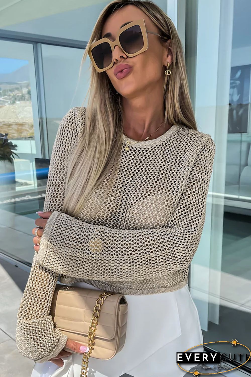 Khaki Hollow-out Knit Long Sleeve Top