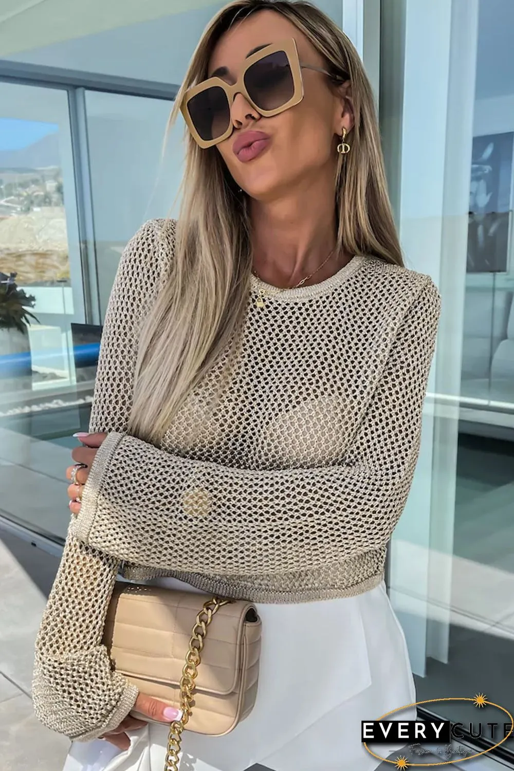 Khaki Hollow-out Knit Long Sleeve Top