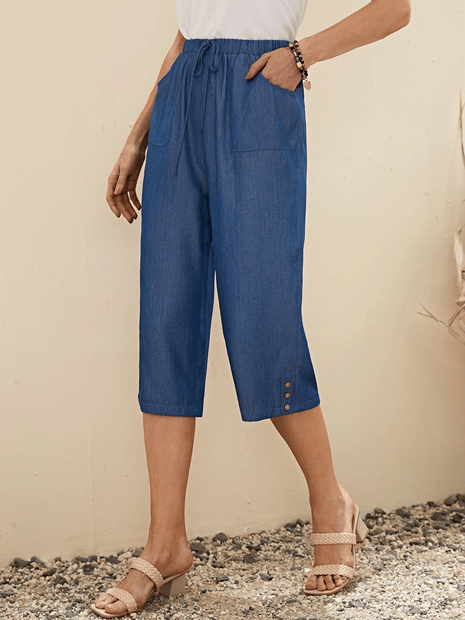 Solid Color Double Pocket Button Lace Loose Casual Vacation Cropped Pants
