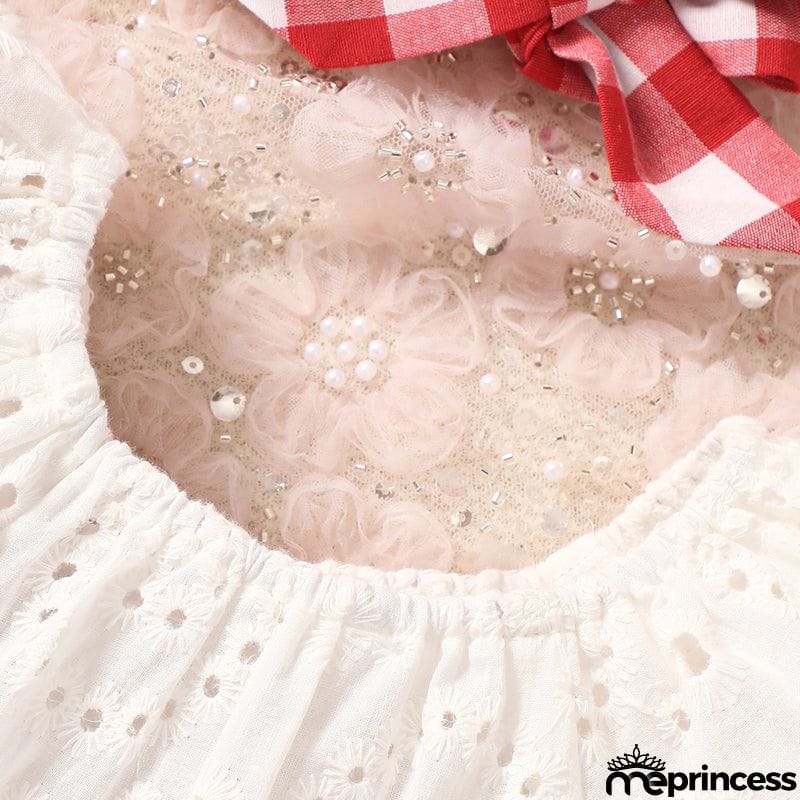 Eyelet Round Neck Top and Plaid Skort Set