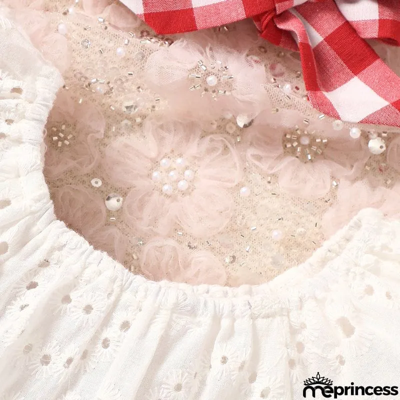 Eyelet Round Neck Top and Plaid Skort Set