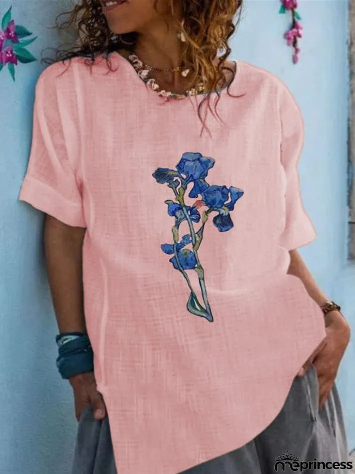 Women's T-Shirts Round Neck Floral Print Short Sleeve T-Shirt