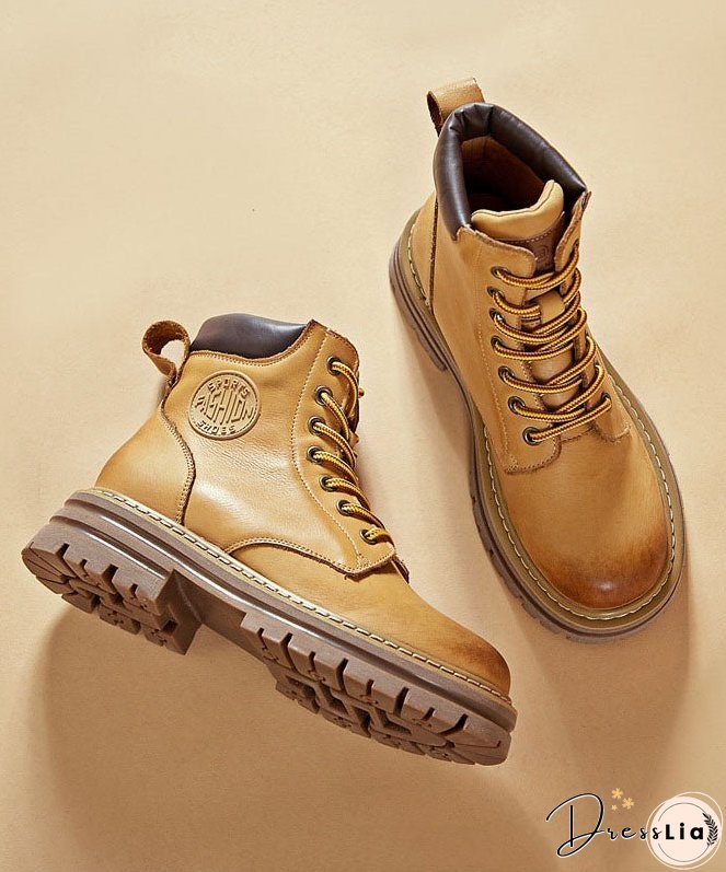 Unique Cross Strap Boots Yellow Cowhide Leather Mountaineering Boots