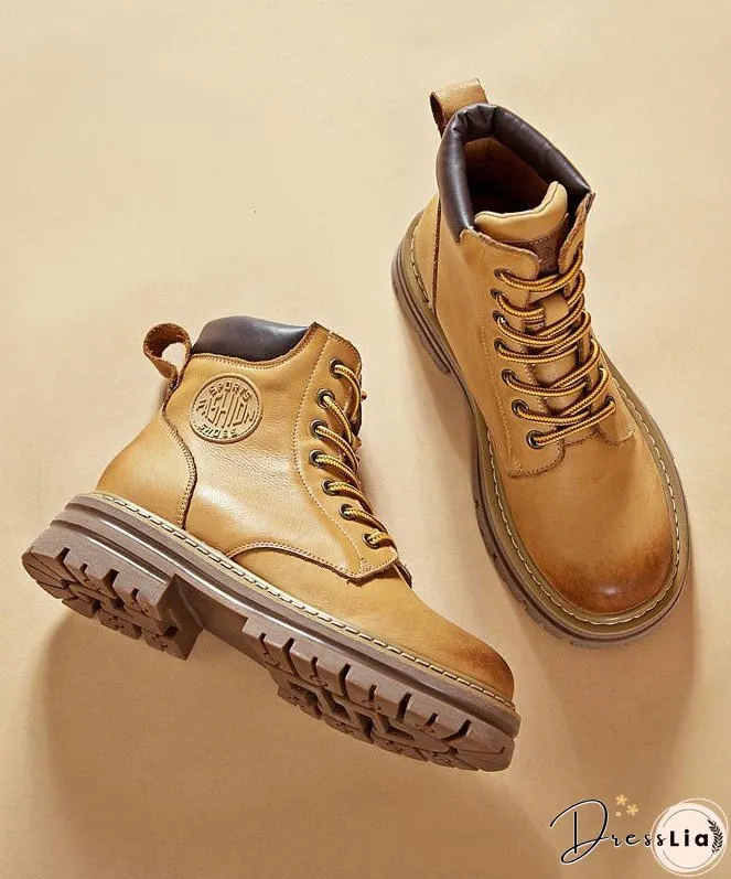Unique Cross Strap Boots Yellow Cowhide Leather Mountaineering Boots