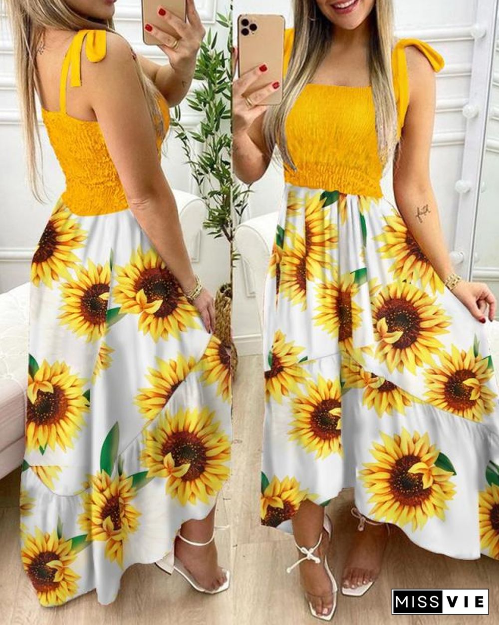 Irregular Dress with Strap Stitching Printing