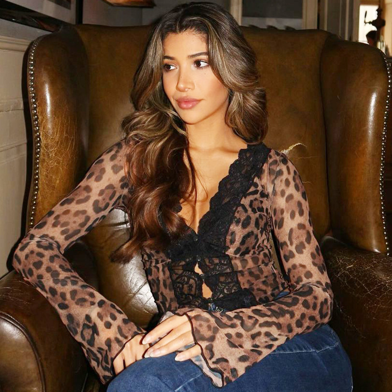 Ootddress Women's Sexy Mesh See Through Tee Shirt Summer Leopard Print Deep V Slim Long Bell Sleeve Fit Evening Club Partywear Top