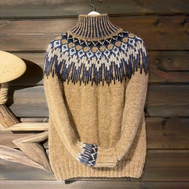 Unisex Vintage Icelandic Knit Jacquard Warmth High Neck Sweater