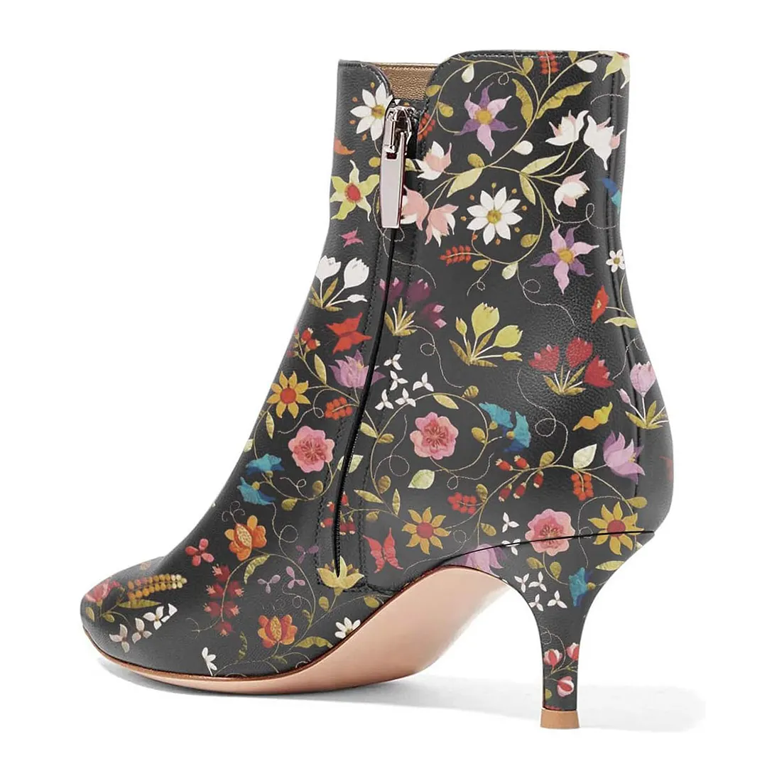 Vegan Leather Side-Zip Colorful Floral Printed Ankle Boots in Black