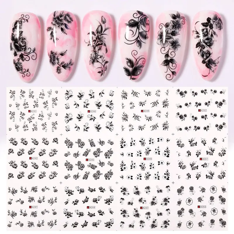 12Pcs Flower Leaf Geometric Lines Water Decals Spring Floral Butterfly Transfer Sliders Paper For Nails Decoration Manicures