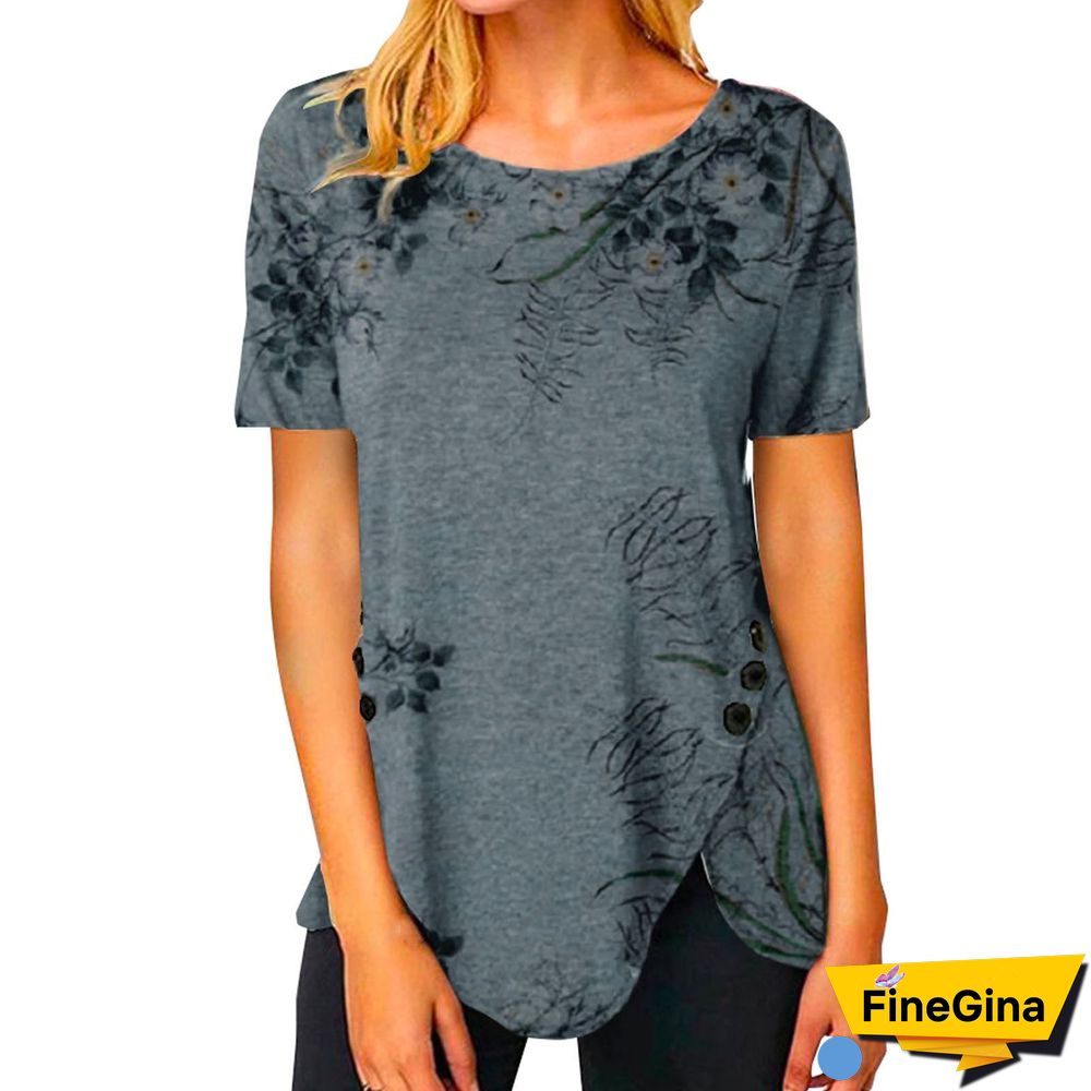 Crew Neck Plant Print Side Split Button Tee